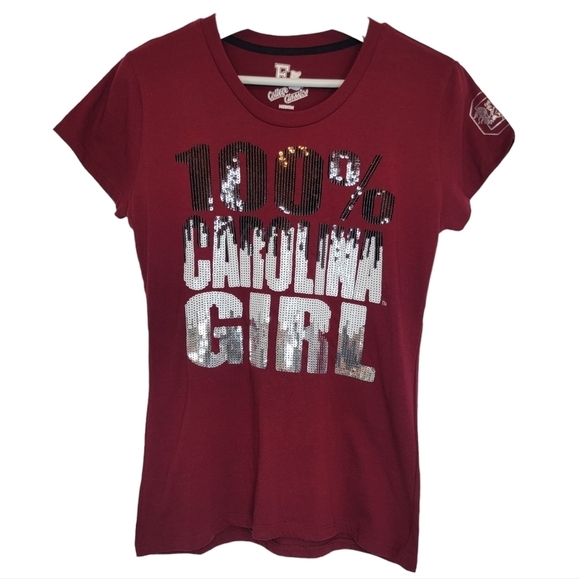 E5 USC Graphic T-Shirt 100% Carolina Girl Sequins Women Medium Red Slim  Cotton‎ - Picture 1 of 9